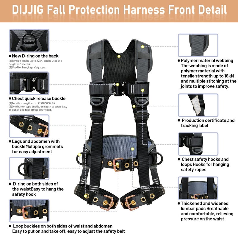 DIJJIG Fall Protection Safety Harnesses Full Body Roofing Construction Harness 5 Point Adjustment Harness Padded Black OSHA/ANSI COMPLIANT - Image 2